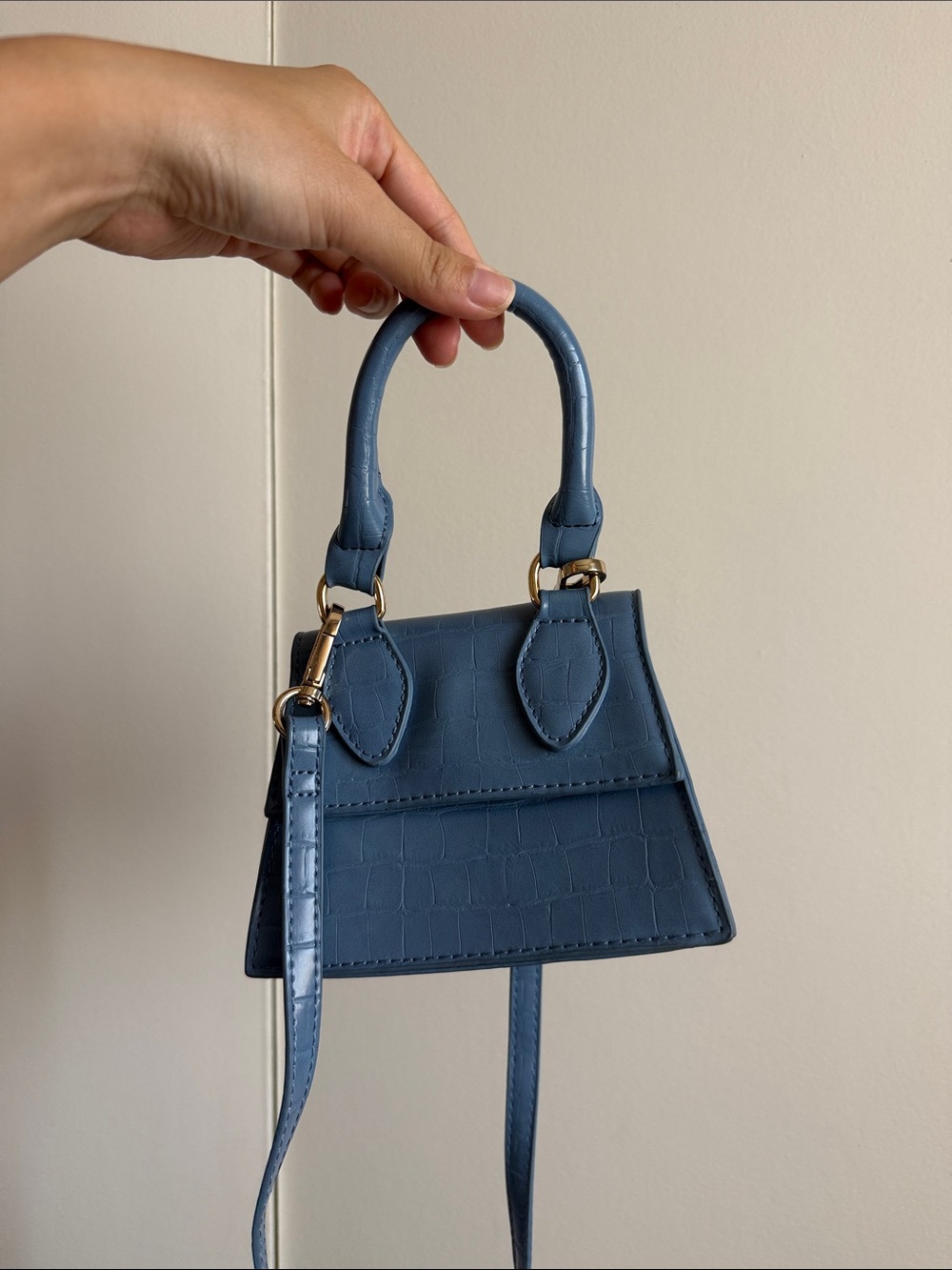 Blue Mini Croc-Embossed Top-Handle Bag